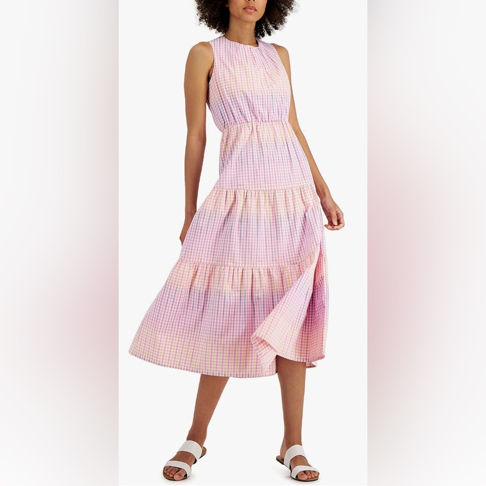 Pink Gingham-Print Midi Dress